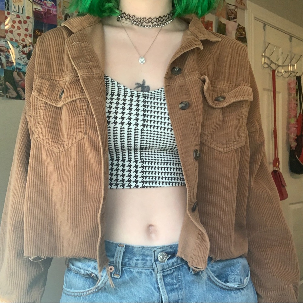 burnt orange brown cropped american eagle corduroy jacket with raw hem